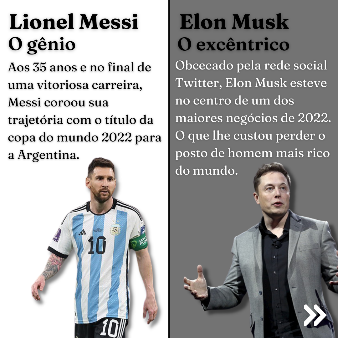Messi e Elon Musk brilharam de maneiras opostas, mas mantiveram presença constante nos noticiários - Arte Vanessa Neves