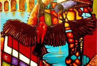 Tuiuiú Crucificado, de 1992: a Baía de Guanabara sob os miasmas do Rio de Janeiro antes dos aterros com o entulho do Morro do Castelo e sob descargas de dejetos. Ao fundo, os arcos da Lapa e o Pão de Açúcar