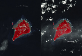 Nesta comparação, a imagem à esquerda, adquirida em 18 de outubro de 2023 pelo Landsat-9, mostra a área ao redor de Iwo Jima como era antes do início da erupção. Na imagem à direita, de 3 de novembro, a nova pequena ilha pode ser vista a cerca de um km da costa sul de Iwo Jima. Créditos: ESA/USGS