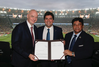 Gianni Infantino, presidente da FIFA; André Fufuca, ministro do Esporte; Ednaldo Rodrigues, presidente da CBF - Foto: Miguel Schincariol/FIFA
