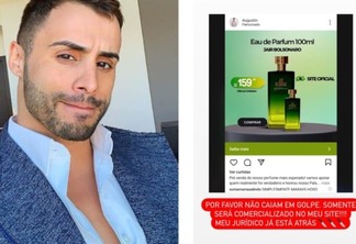 Augustín Fernandes denuncia golpe na venda do perfume com o nome de Bolsonaro - Fotomontagem