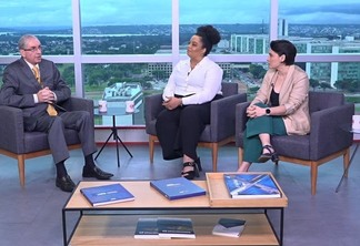 Eduardo Cunha, Basília Rodrigues e Larissa Rodrigues nos estúdios CNN Brasil em Brasília. Divulgação/CNN Brasil