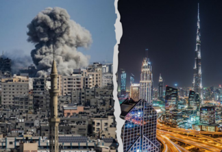 Comparativo entre Dubai nos Emirados Árabes Unidos e a Faixa de Gaza, na Palestina, bombardeada por Israel - Arte: Vanessa Neves