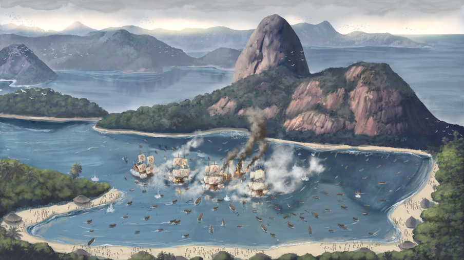 Uma batalha na baía de Guanabara, ilustrada por Rafael Pen. Fonte: divulgação/Víktor Waewell.