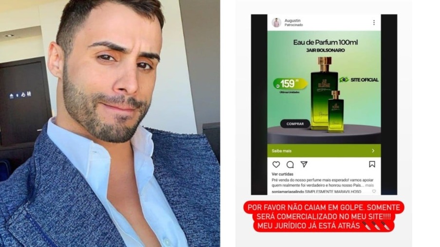 Augustín Fernandes denuncia golpe na venda do perfume com o nome de Bolsonaro - Fotomontagem