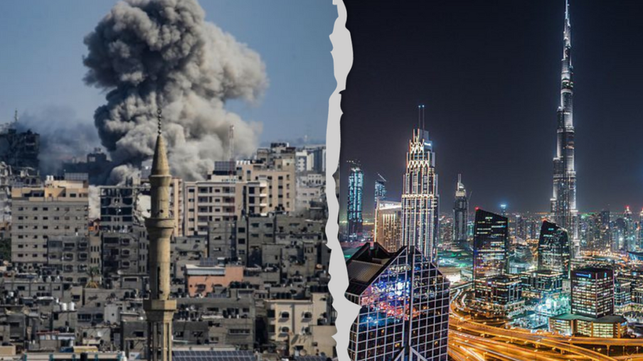 Comparativo entre Dubai nos Emirados Árabes Unidos e a Faixa de Gaza, na Palestina, bombardeada por Israel - Arte: Vanessa Neves