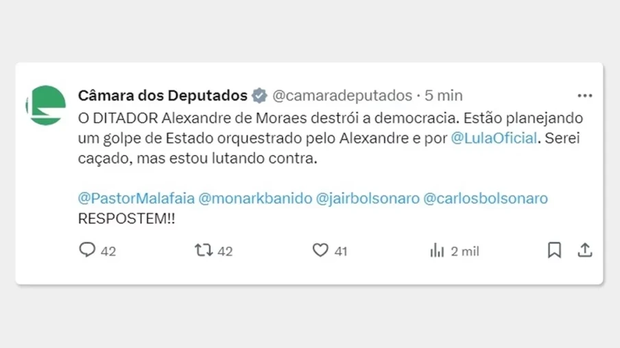 Captura de tela da publicação atacando Moraes realizada no perfil da Câmara dos Deputados. (Foto: Reprodução)