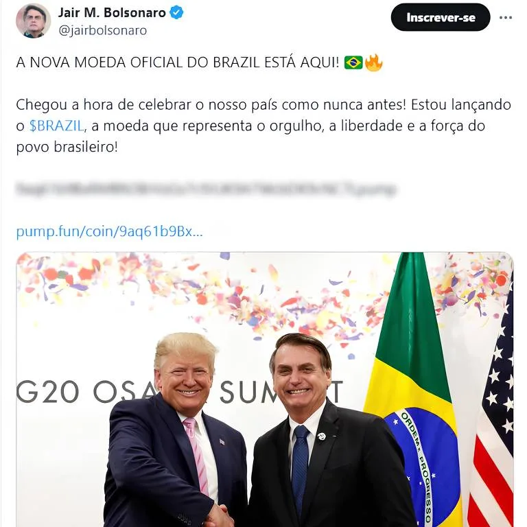 Carluxo diz que perfil de Jair Bolsonaro no X sofreu ataque hacker | Diário Carioca Post na conta do ex-presidente Jair Bolsonaro (PL) sobre criptomoeda após suposto ataque hacker. Foto: Reprodução