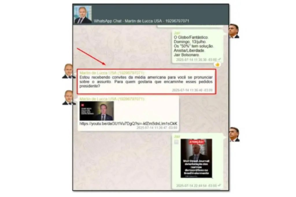 Print de conversa entre Jair Bolsonaro e Martin de Luca – Reprodução
