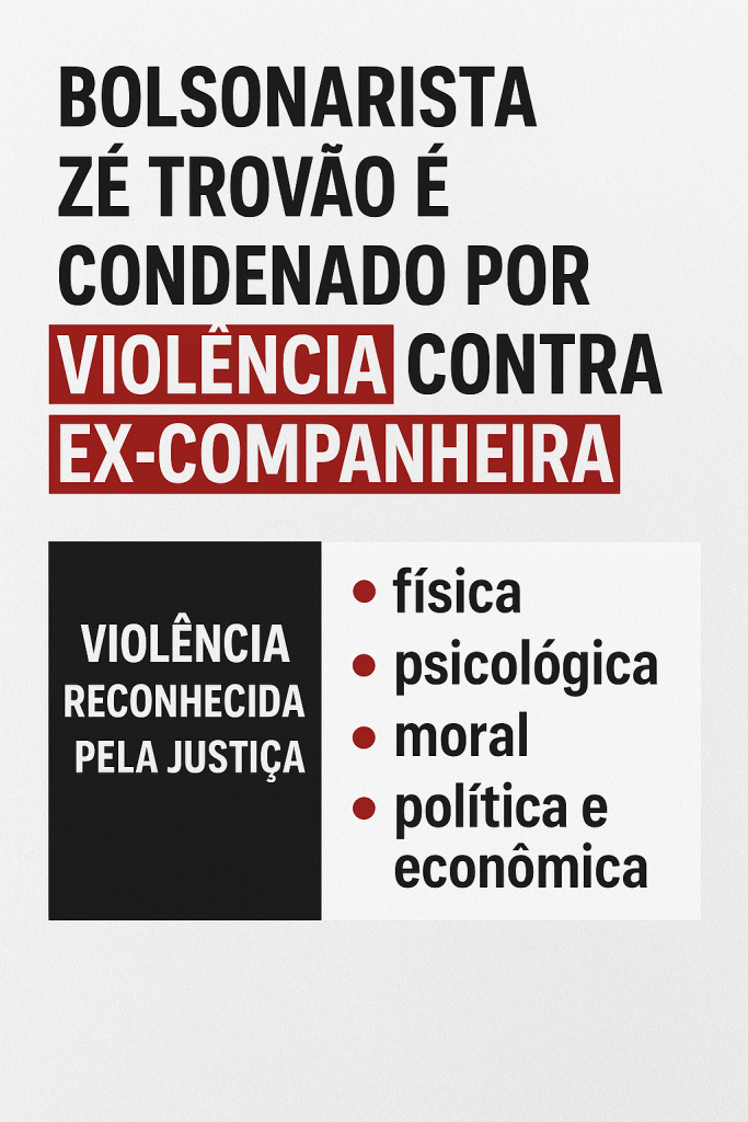 A Justiça de Santa Catarina condenou o deputado federal Marcos Antônio Pereira Gomes, o Zé Trovão (PL-SC), ao pagamento de R$ 50 mil por danos morais à ex-companheira Jéssica da Costa Veiga