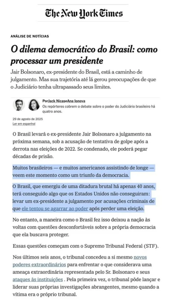O print original, com os dois parágrafos apagados (marcados em azul), nos quais fica clara a posição do NYT em relação ao golpismo.