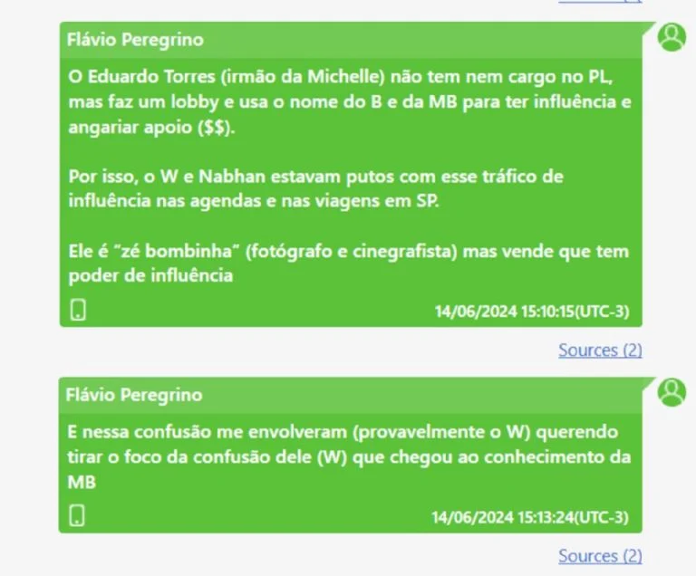 Mensagens do coronel Flávio Peregrino, assessor do general Walter Braga Netto. Foto: Reprodução
