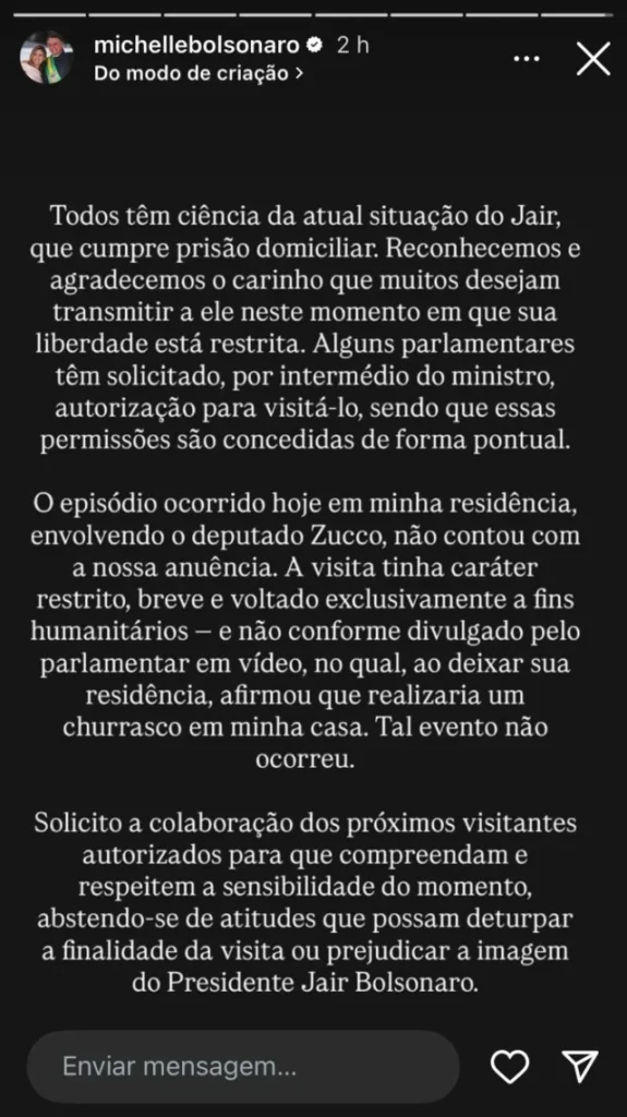 Story de Michelle Bolsonaro no Instagram. Foto: Reprodução
