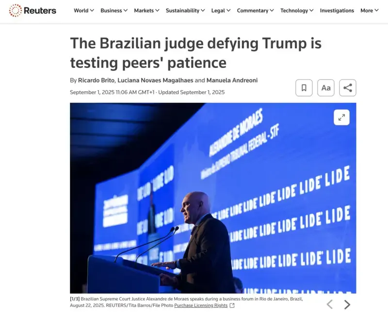 Agência Reuters: “Ninguém desprezou tanto a fúria de Trump como Moraes” | Diário Carioca Matéria da Reuters sobre Moraes. Foto: reprodução