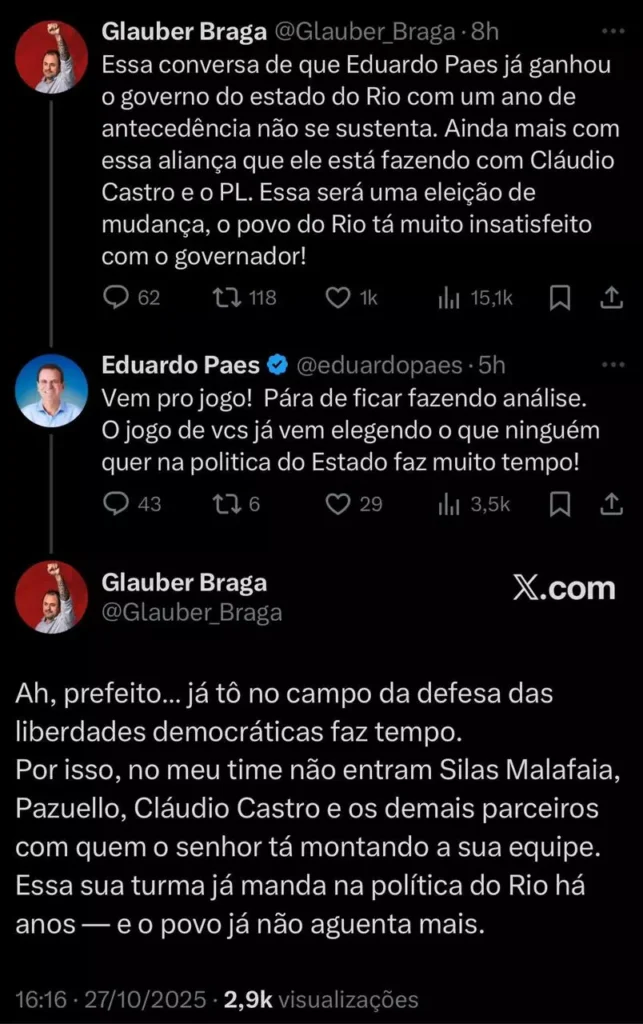 Flertando com o bolsonarismo, Eduardo Paes ataca Glauber Braga em rede social: "Vem pro jogo" | Diário Carioca Eduardo Paes e Glauber Braga