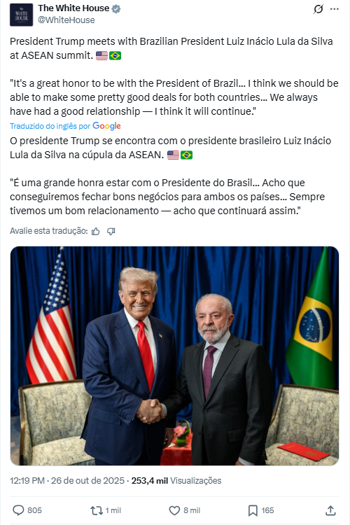 Enquanto Bolsonaristas se desesperam, Trump elogia Lula: "Grande honra estar com o presidente do Brasil... bons negócios" | Diário Carioca