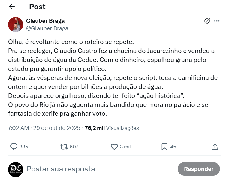Glauber Braga critica Cláudio Castro e denuncia política de extermínio no Rio | Diário Carioca Glauber Braga critica Cláudio Castro e denuncia política de extermínio no Rio | Diário Carioca