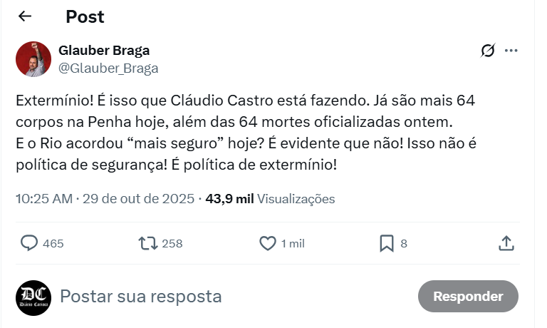 Glauber Braga critica Cláudio Castro e denuncia política de extermínio no Rio | Diário Carioca Glauber Braga critica Cláudio Castro e denuncia política de extermínio no Rio | Diário Carioca