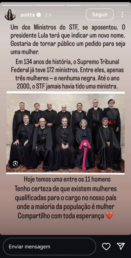 Anitta pede indicação feminina para vaga no STF após saída de Barroso | Diário Carioca Anitta pede Lula indicar uma mulher para vaga no Supremo Tribunal Federal — Foto: Reprodução/Instagram